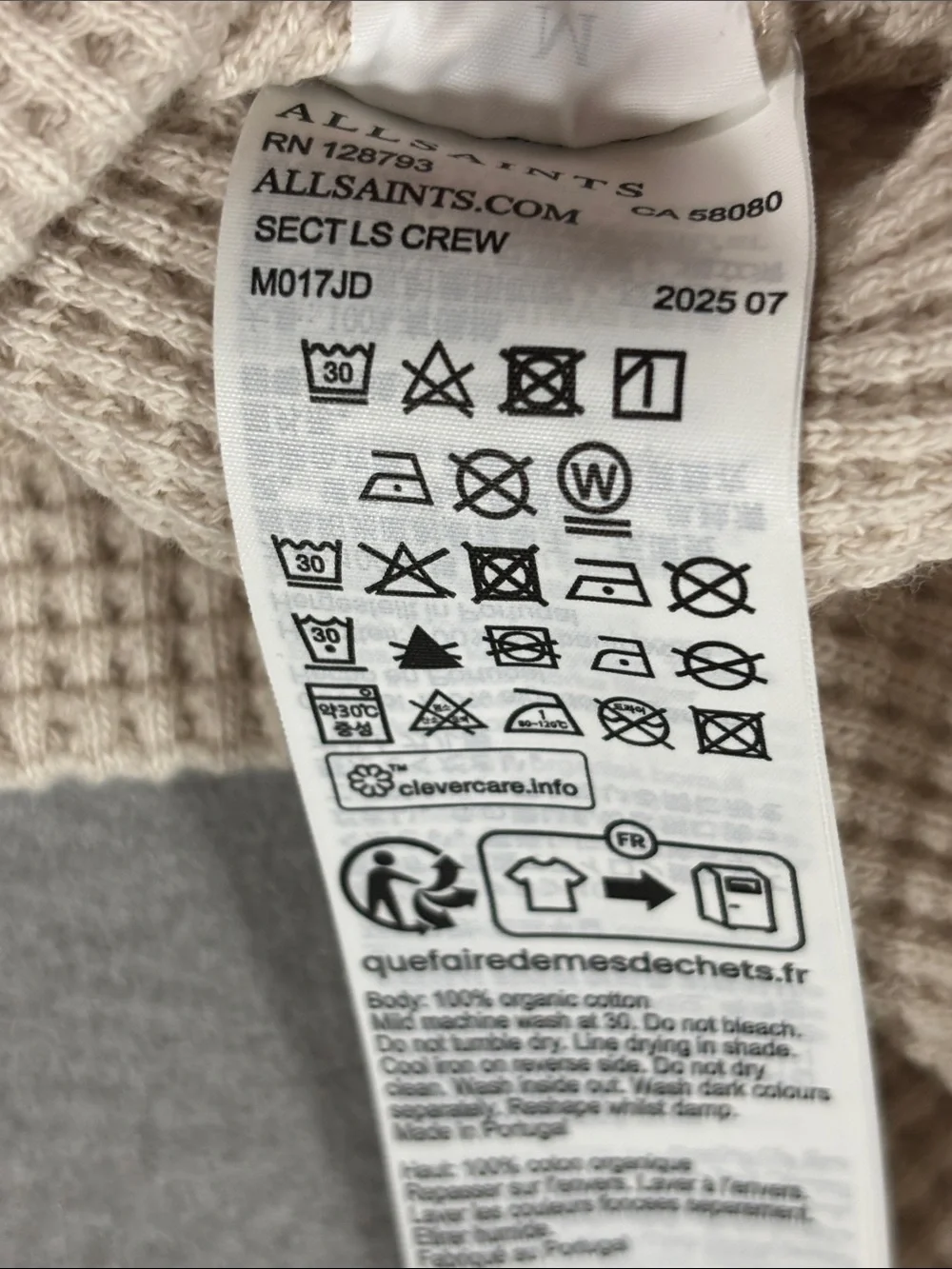 AllSaints Men’s Smoke White Waffle Crewneck Sweater M